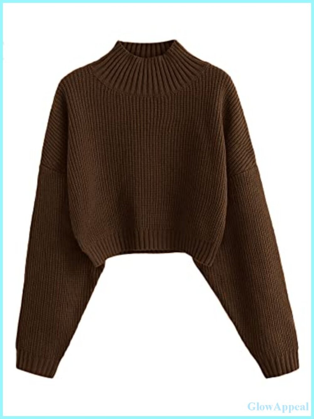 Cropped Turtleneck Sweater with Lantern Sleeve Ribbed Knit Pullover